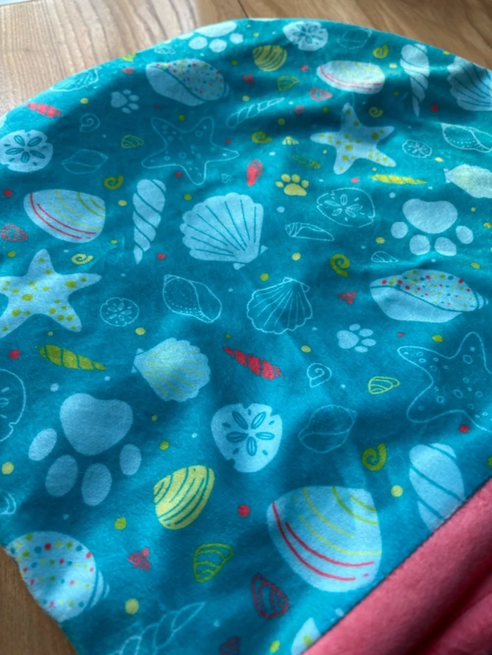 Turquoise Seashell Print Crinkle Pouch with Coral Trim (for cats)